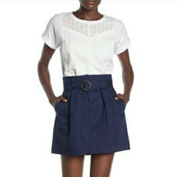 LAUNDRY by Shelli Segal paperbag belted poplin navy blue mini skirt Size XL NEW - Picture 3 of 7